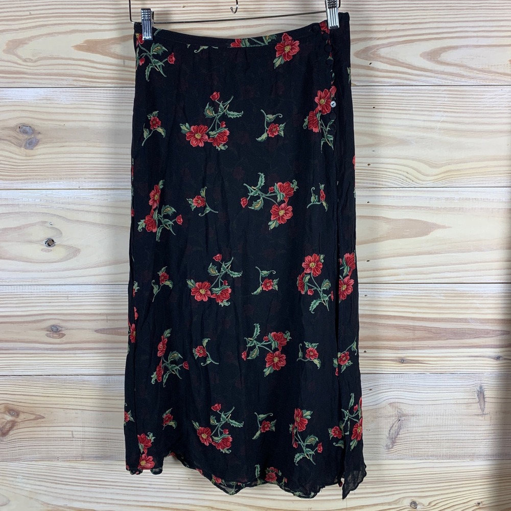 Neo Nostalgia Skirt Women Small Black Floral Side Button Midi Whimsigoth Grunge
